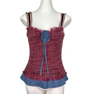 D&G Dolce & Gabbana Bustier Corset Top Wool Pink Multi-Color Tweed Flower Sz S